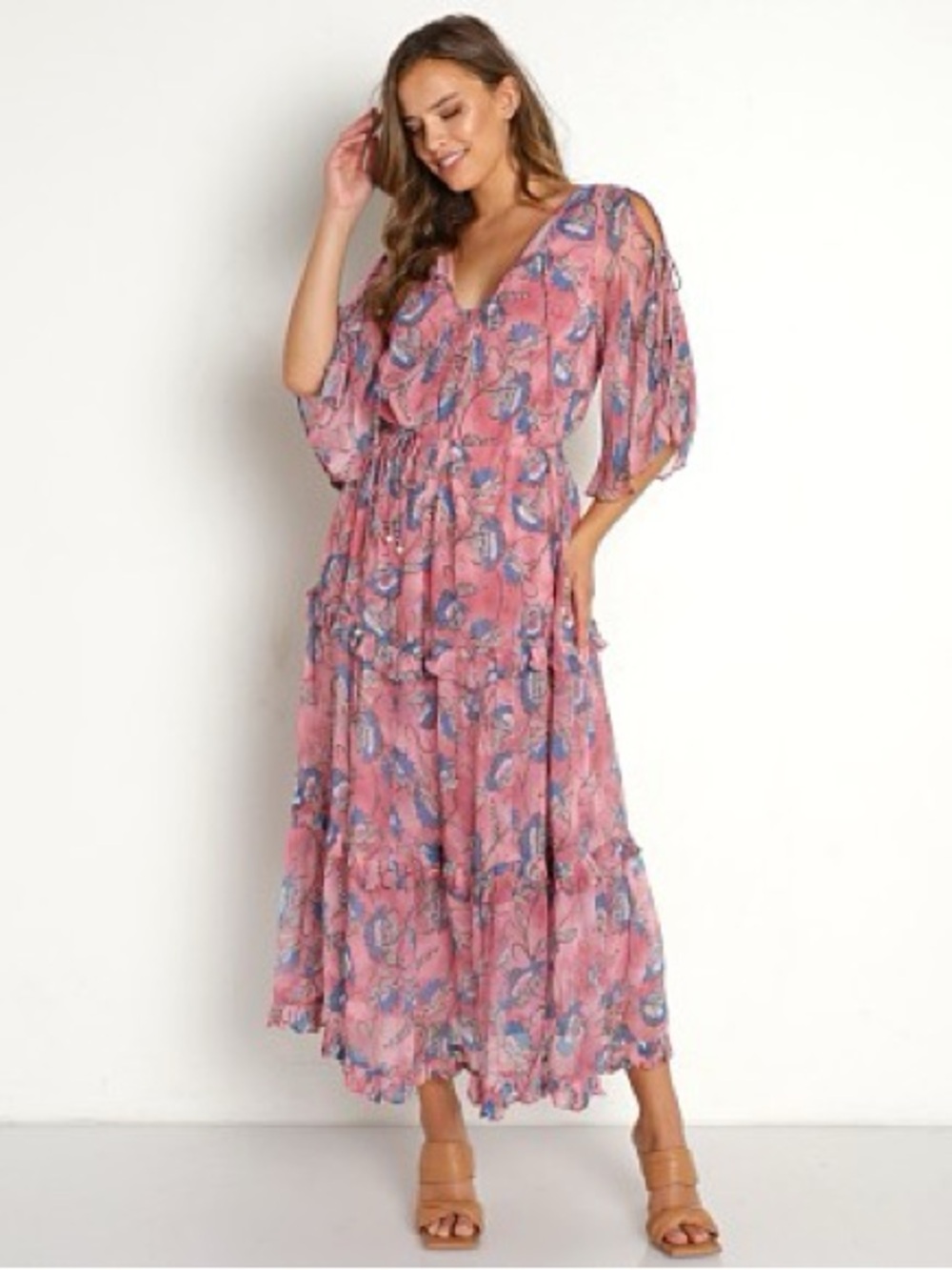 Cleobella Elena Ankle Dress Lotus Print Pink & Blue Floral Tiered Maxi Dress